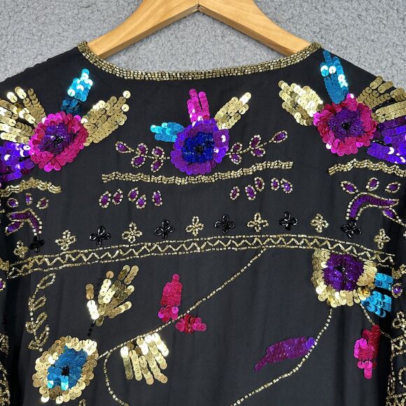Vintage Draper’s & Damon’s 1X Silk Sequin Beaded Floral Jacket Black Glam - Picture 10 of 16